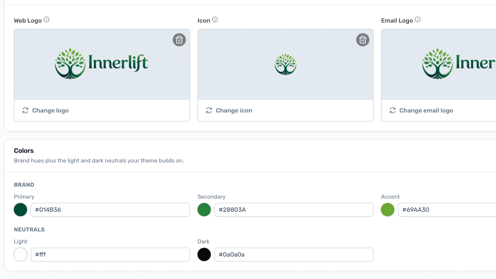 Brand Center with Innerlift web, icon, and email logos, plus primary, secondary, accent, and neutral color settings.