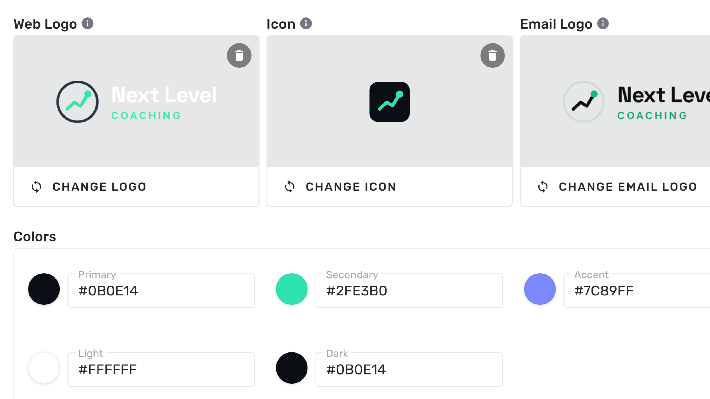 Next Level Coaching Brand Center showing web, icon, and email logos with brand colors.