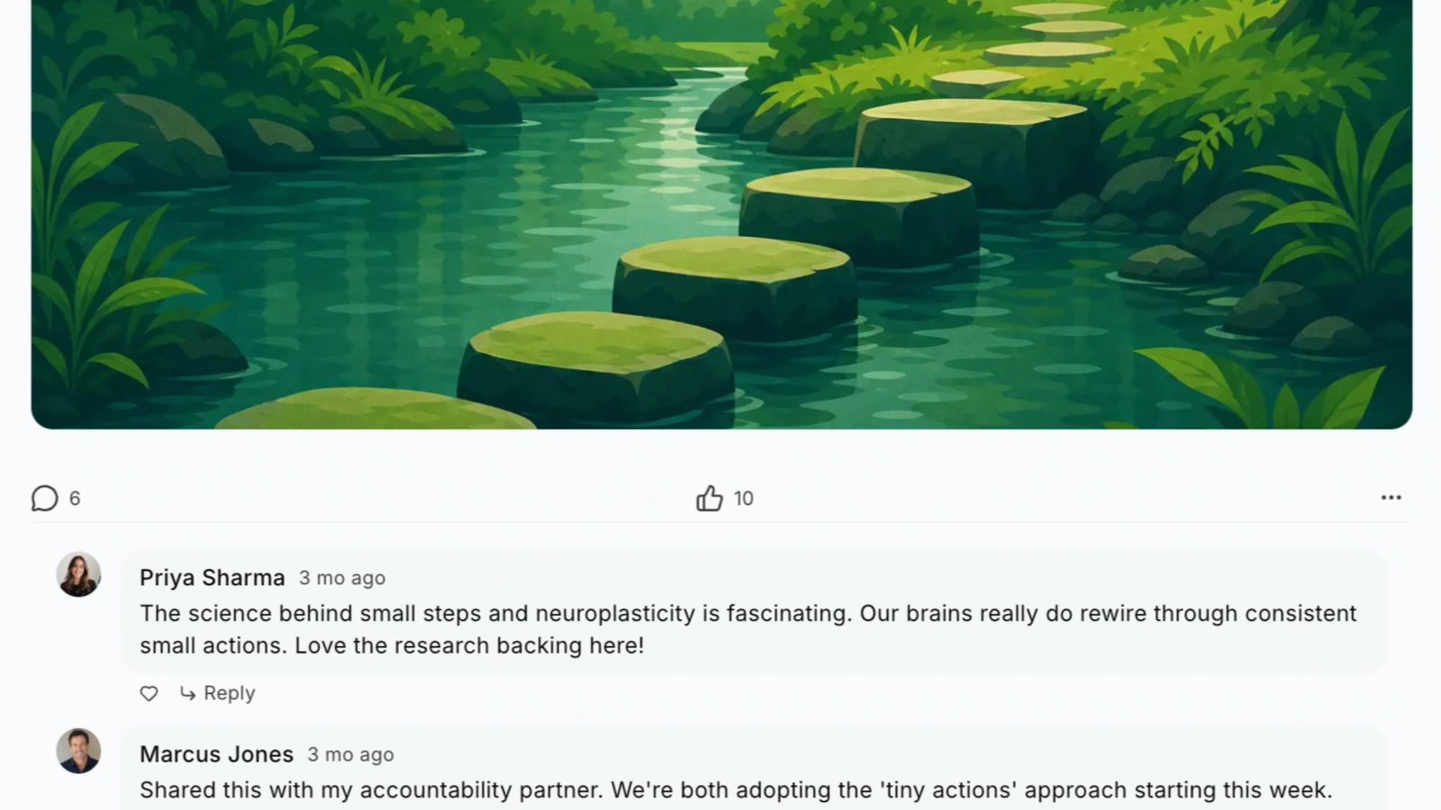 Community post with a stepping-stone illustration, reactions, and member replies discussing progress through small actions.