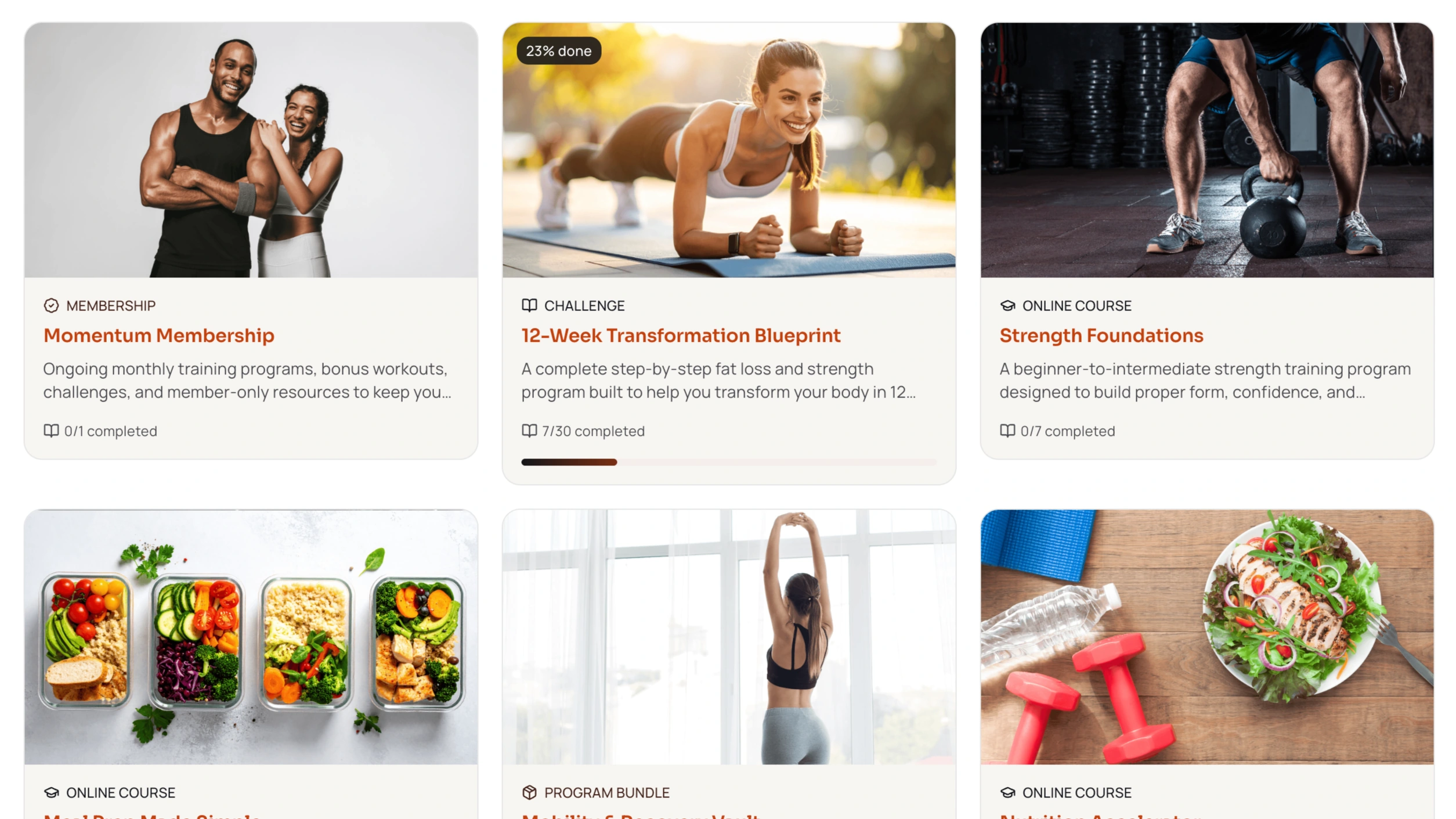Program library grid showing memberships, challenges, online courses, and bundles
