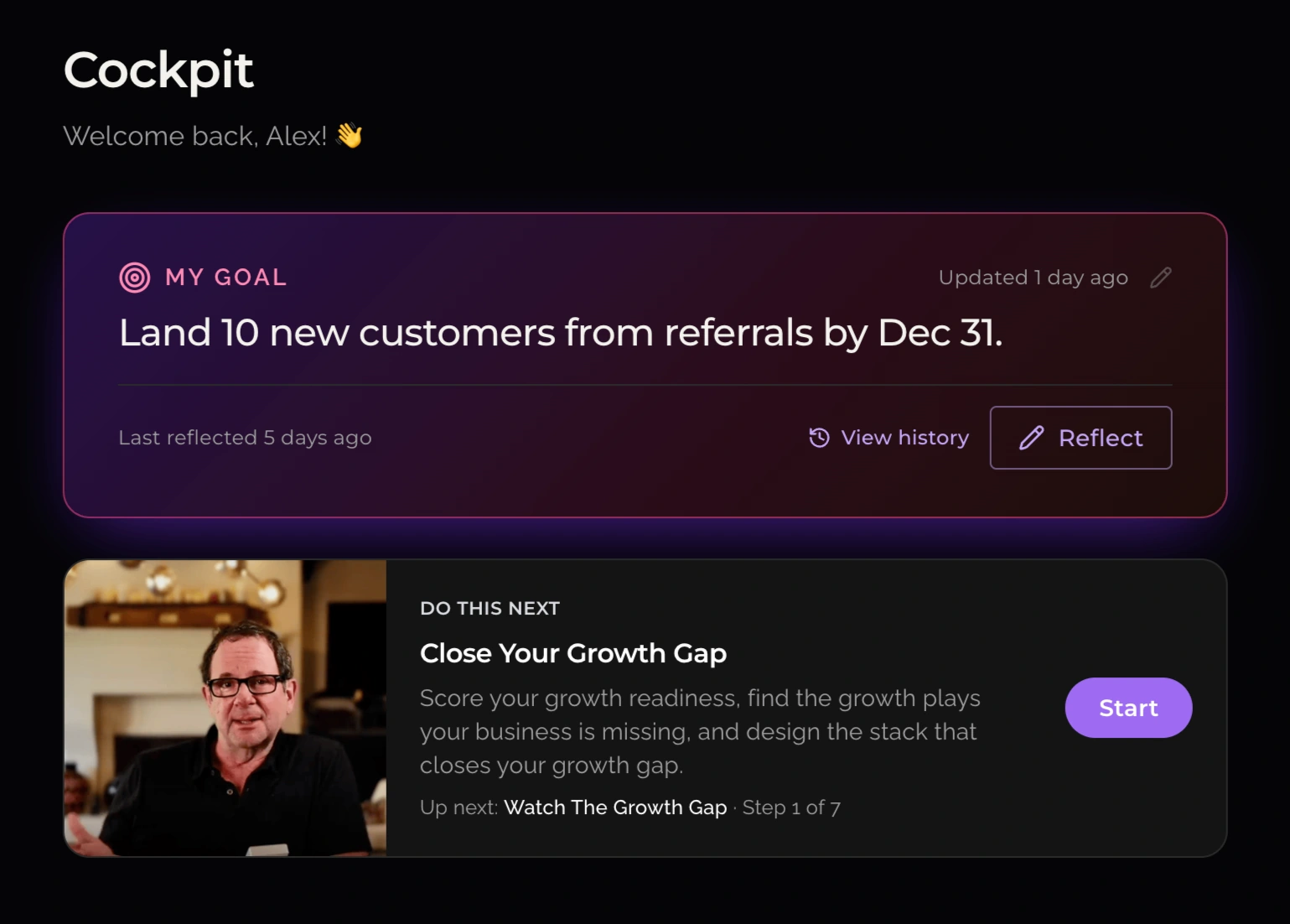 Customer goal to land 10 new customers from referrals, with reflection tools and a recommended next step.